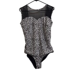 Albion Leopard Print Mesh Sweetheart One Piece Swimsuit XXL Black Brown